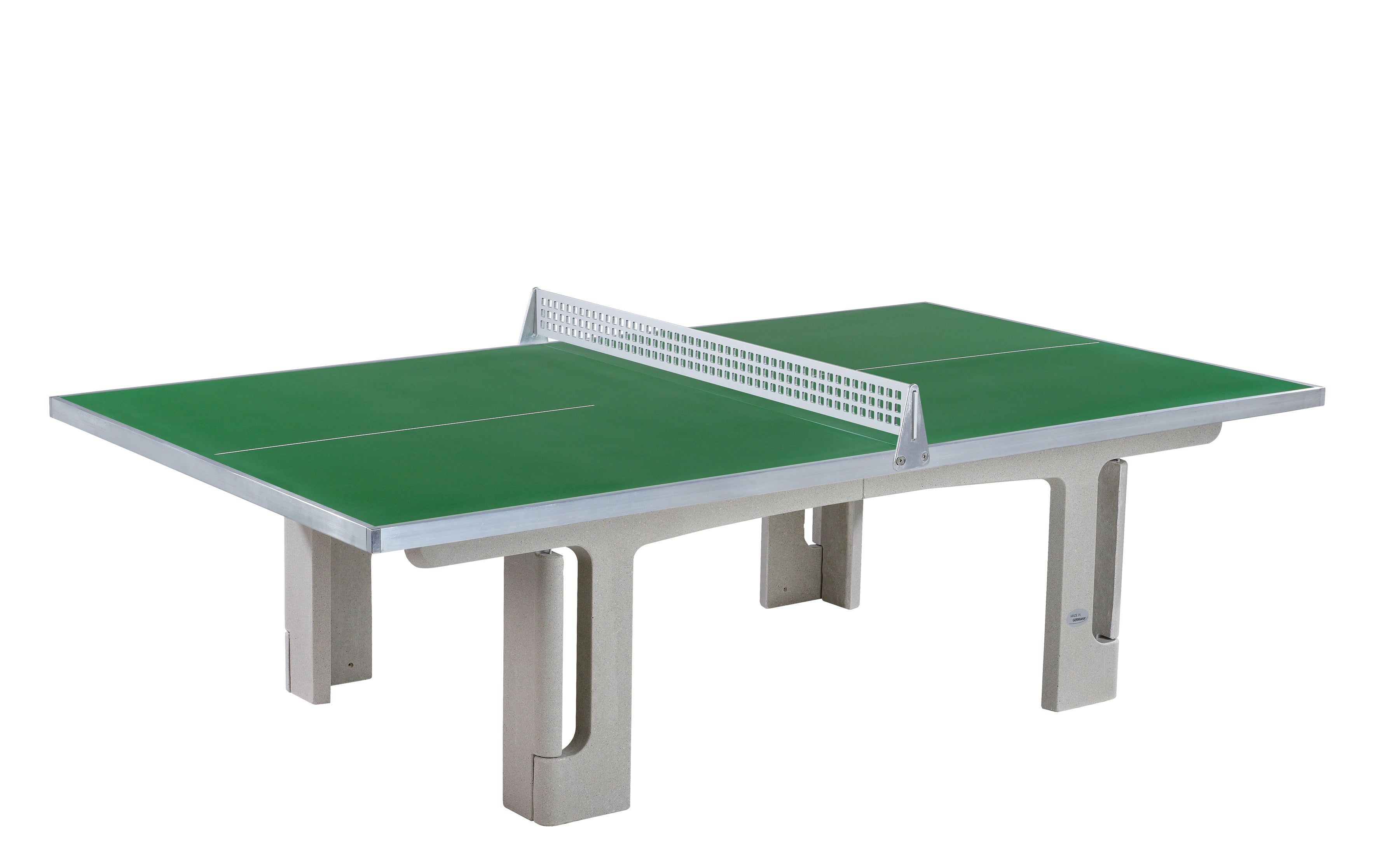 The Butterfly Park Polymer Concrete 45SQ Table Tennis Table by Butterfly is a green, outdoor table with a white net and sturdy legs, designed for permanent installation, displayed on a white background.