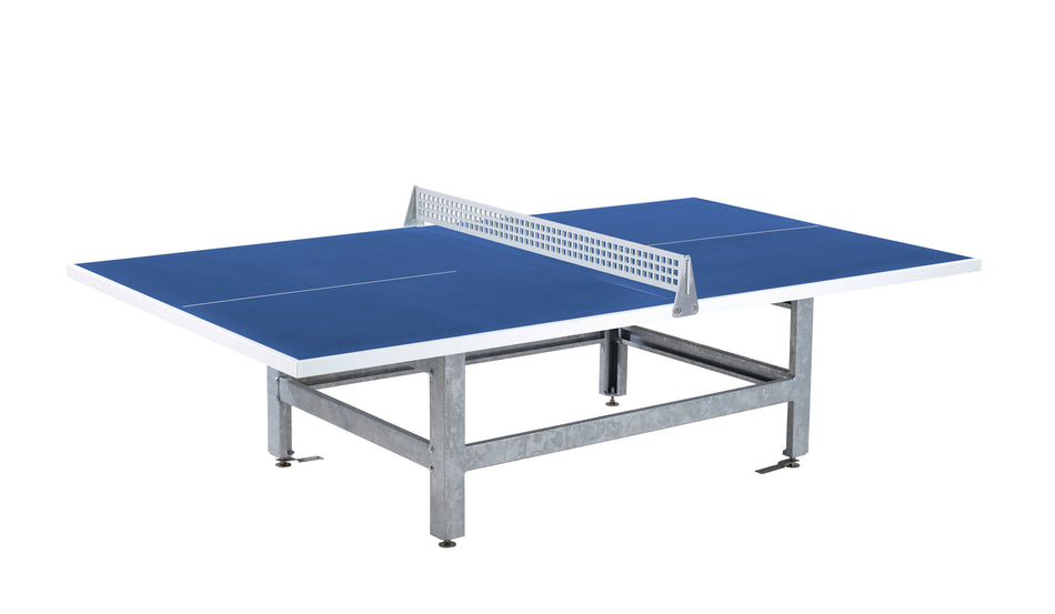 The Butterfly S2000 Polymer Concrete/Steel Table, by Butterfly, features a blue surface, metal frame and net, adjustable metal legs, and square corners—designed for permanent outdoor use. Shown isolated on a white background.