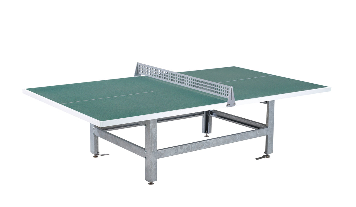 The Butterfly S2000 Polymer Concrete/Steel Table features a green top, metal frame, net, and square corners. Designed by Butterfly for permanent outdoor use, it is set against a white background.