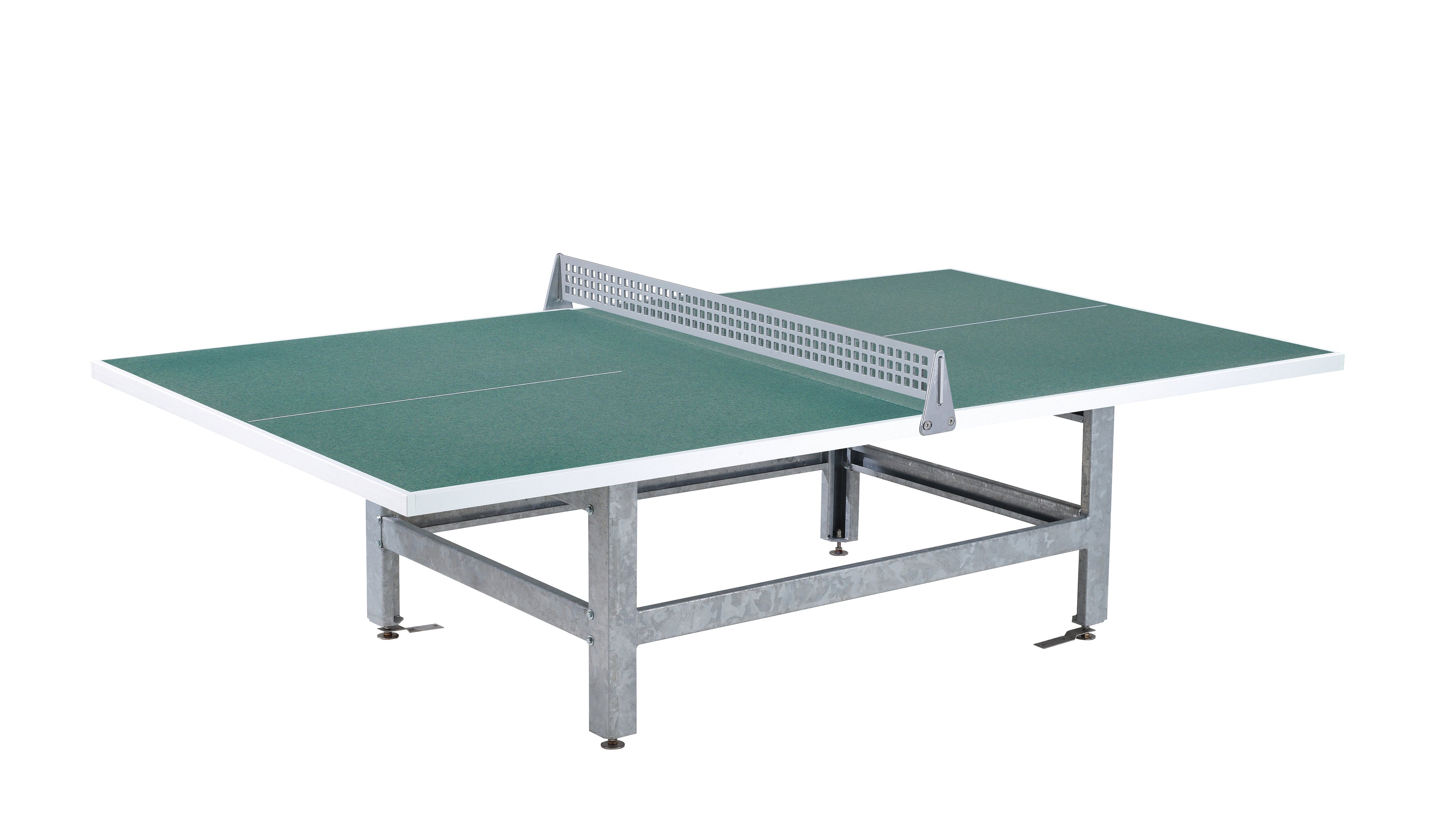The Butterfly S2000 Polymer Concrete/Steel Table features a green top, metal frame, net, and square corners. Designed by Butterfly for permanent outdoor use, it is set against a white background.
