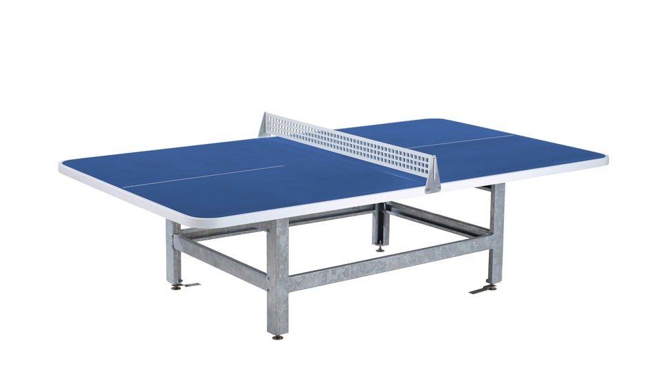The Butterfly S2000 Polymer Concrete/Steel Table in blue features rounded corners, a galvanized steel net, and sturdy metal legs for outdoor use, shown on a white background.