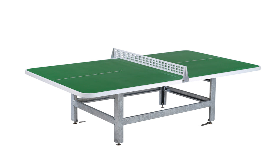 The Butterfly S2000 is a green outdoor table tennis table with sturdy galvanized steel legs, rounded corners, and a metal net, designed for outdoor use. Shown on a white background.