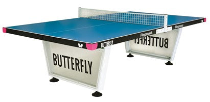 The Butterfly Playground Outdoor Table Tennis Table features a blue, weatherproof wood surface, steel net and post, angled white supports, and Butterfly branding on the side panels.