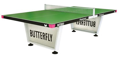 The Butterfly Playground Outdoor Table Tennis Table features a green finish, steel net and post, sturdy angled legs, weatherproof wood, and black edges with pink accents. "BUTTERFLY" is boldly printed on the sides. Brand: Butterfly.