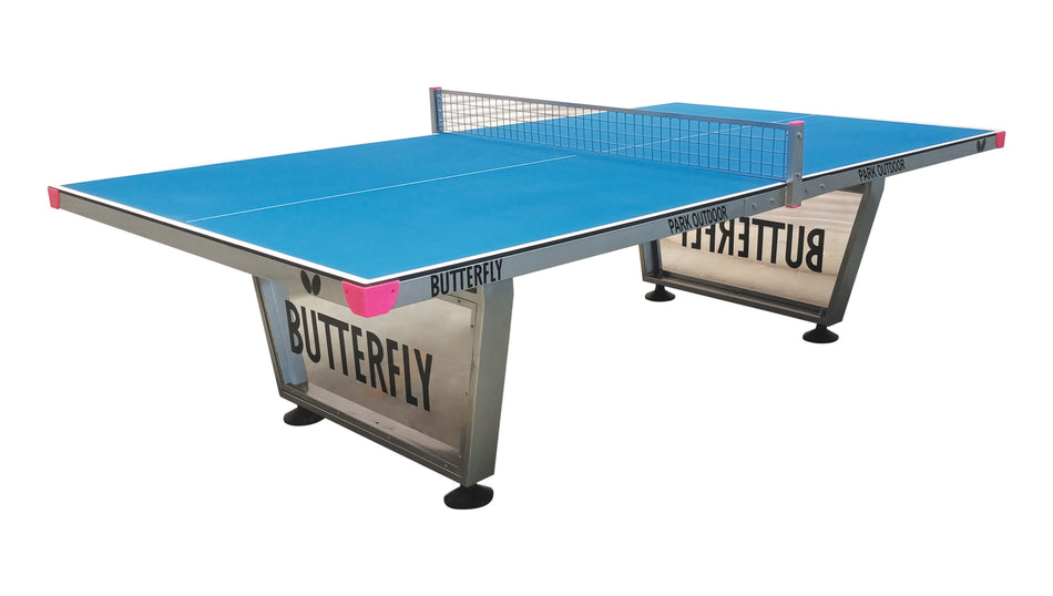 The Butterfly Park Outdoor Table Tennis Table by Butterfly is a blue, weatherproof table with metal legs, pink corner protectors, white net, side panels with the Butterfly logo, and is wheelchair accessible for inclusive play.