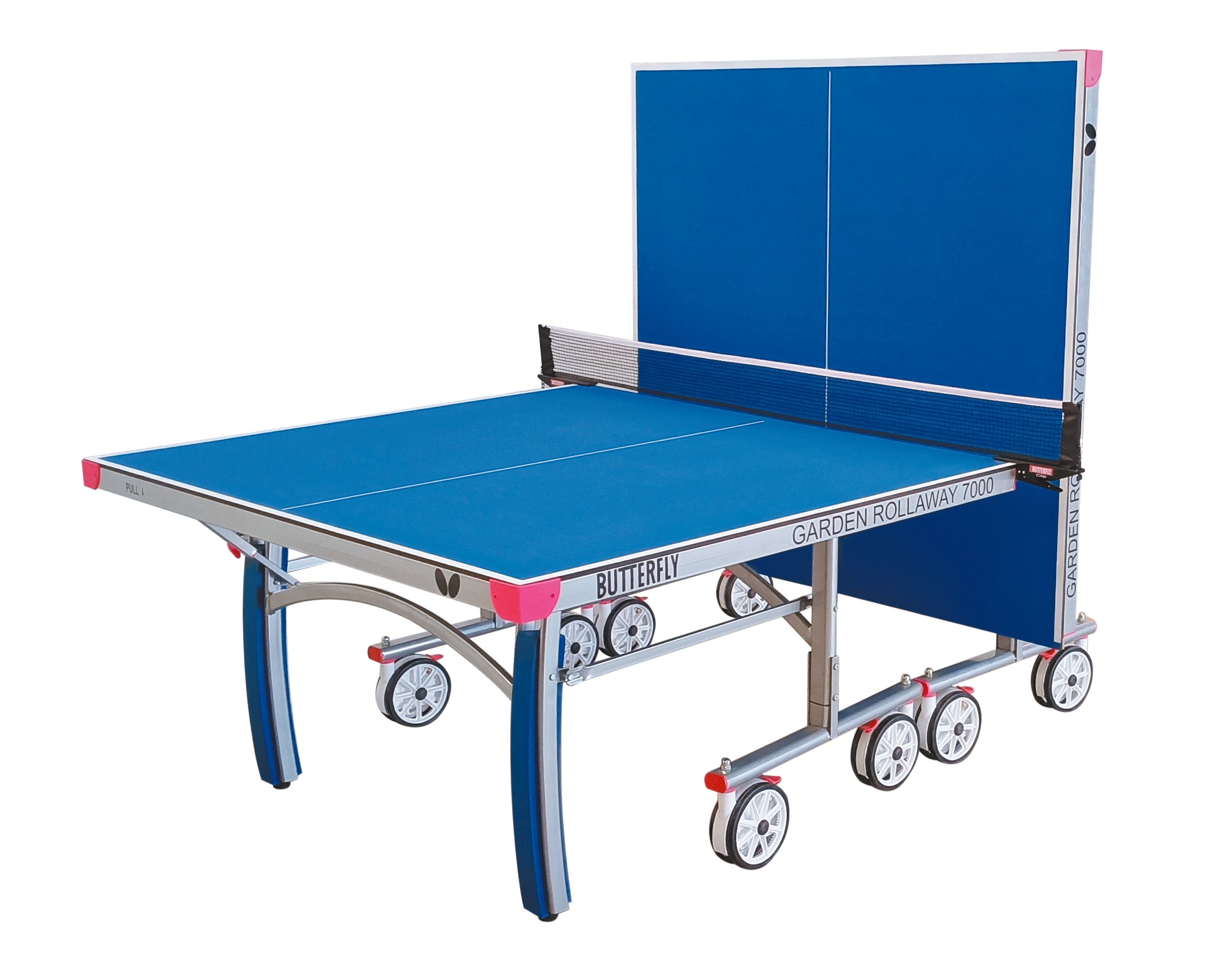 The Butterfly Garden Rollaway 7000 7mm Outdoor Table Tennis Table by Butterfly features a 7mm melamine top, folds upright on one side, and has wheels for easy transport and storage.