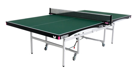 The Butterfly Space Saver 22 Rollaway Table Tennis Table features a green top, white frame, included net, wheels for mobility, and a wheelchair-friendly design, shown here against a white background.