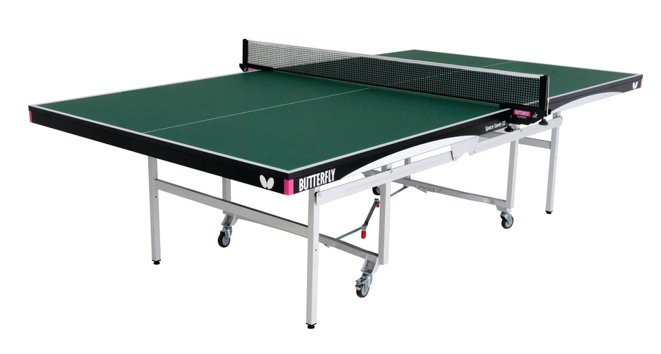 The Butterfly Space Saver 22 Rollaway Table Tennis Table features a green top, white frame, included net, wheels for mobility, and a wheelchair-friendly design, shown here against a white background.