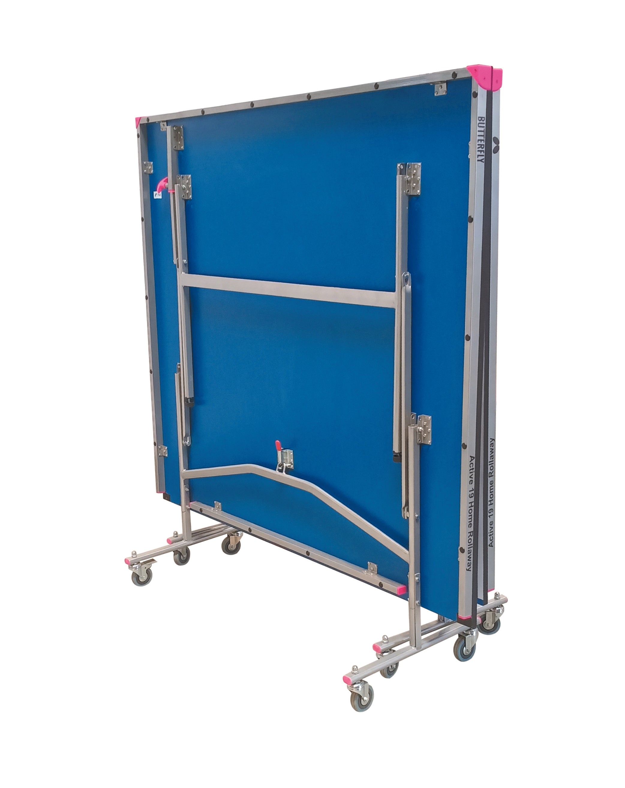 The Butterfly Active 19 Home Rollaway Table Tennis Table by Butterfly features a blue surface, sturdy metal legs with wheels, and a silver frame with pink accents—ideal for home recreational use.