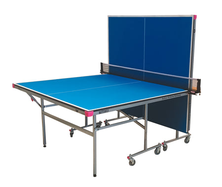 The Butterfly Active 19 Home Rollaway Table Tennis Table by Butterfly features a foldable design for solo practice, sturdy metal frame with wheels, and an included net—ideal for recreational play at home.