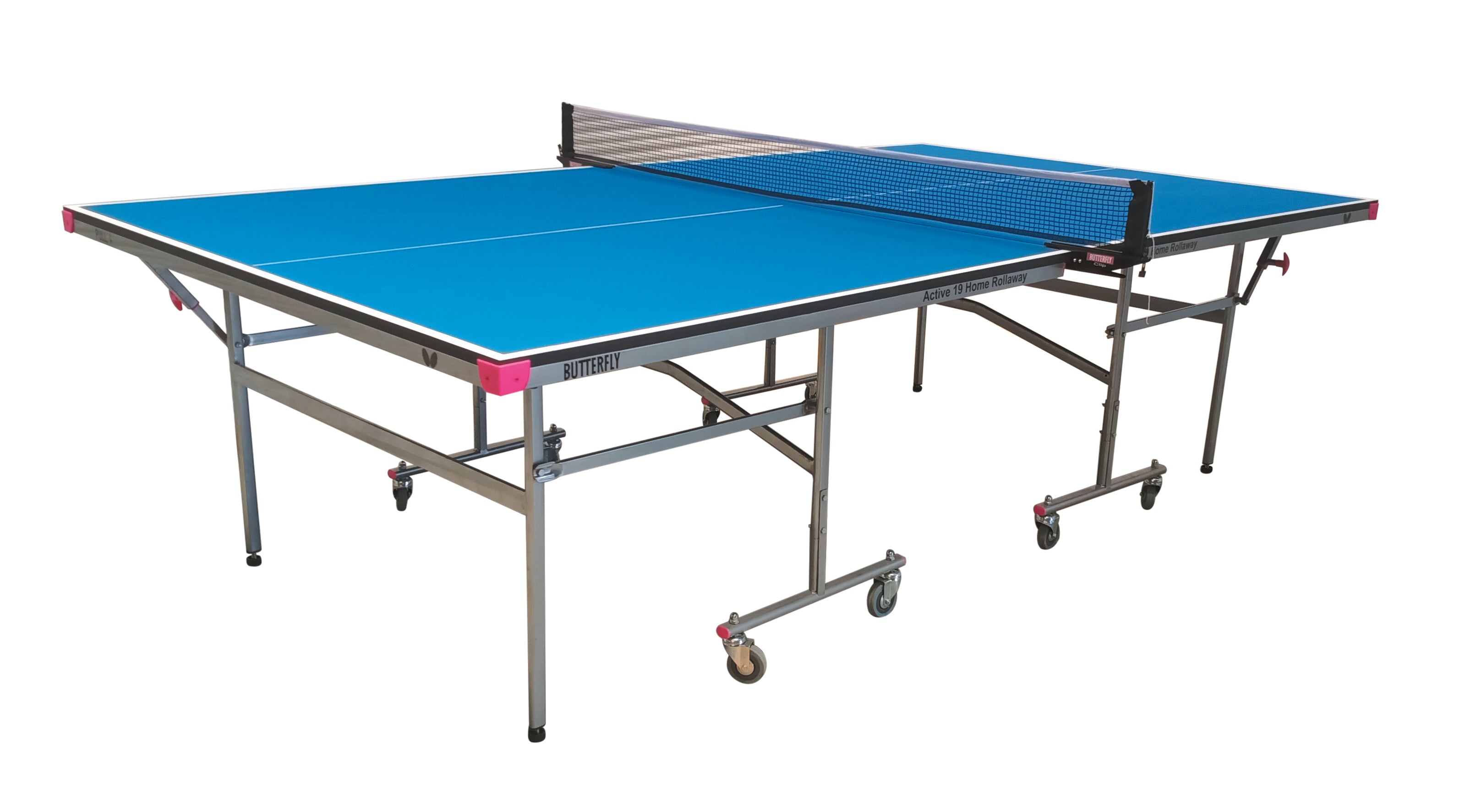 The Butterfly Active 19 Home Rollaway Table Tennis Table by Butterfly features a blue surface, foldable metal legs, and wheels for easy movement. Ideal for home use, it arrives set up and ready for play on a white background.