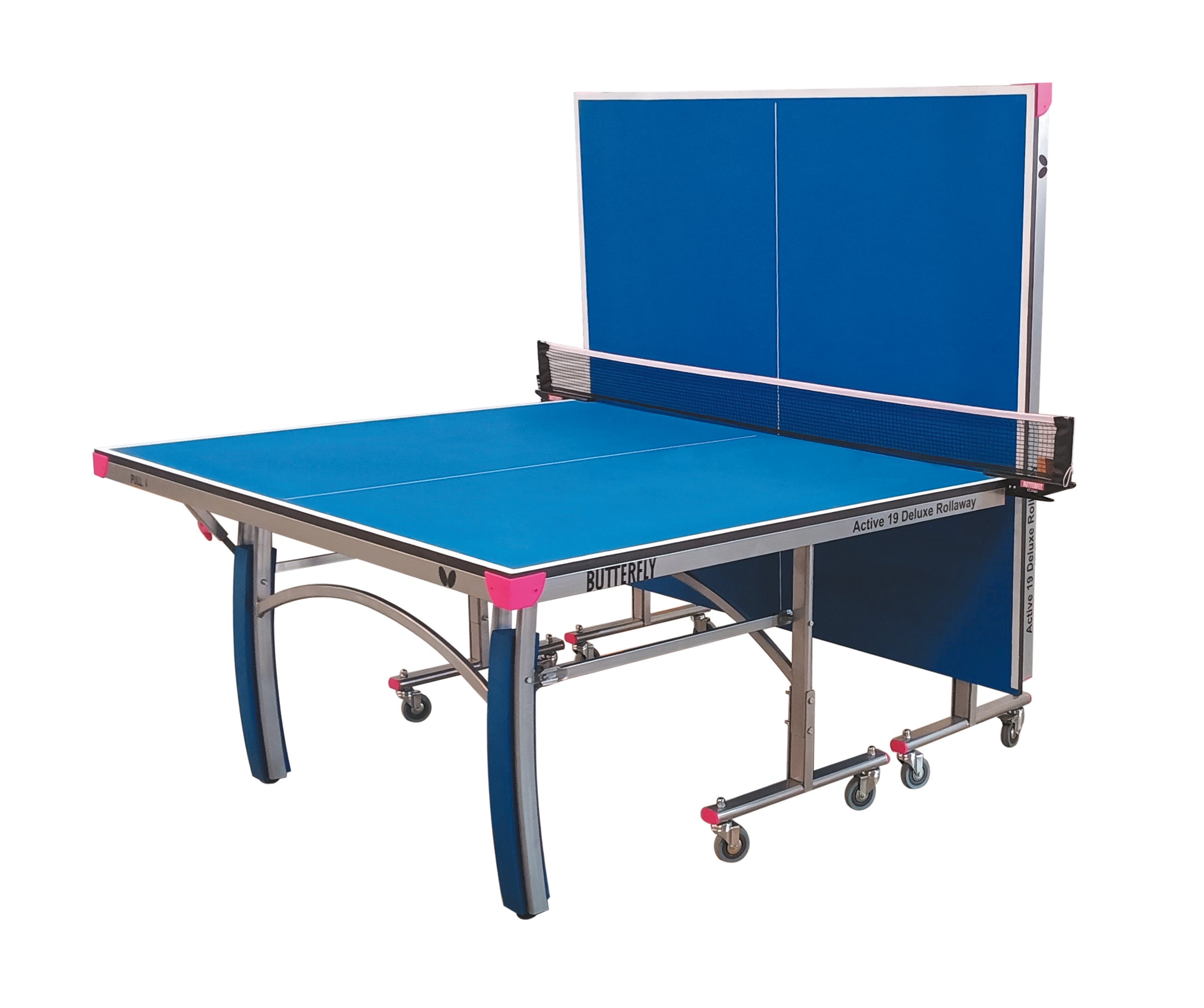 The Butterfly Active 19 Deluxe Rollaway Table Tennis Table by Butterfly features a 19mm blue and silver top, wheels for mobility, a central net, and allows solo practice with one half folded upright.