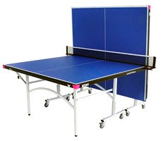The Butterfly Easifold 19 Rollaway Table Tennis Table by Butterfly features a blue top, fold-up solo practice option, and a wheeled white metal frame for easy movement—ideal for home or school use.