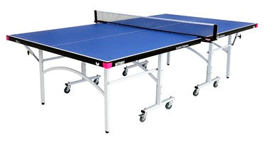 The Butterfly Easifold 19 Rollaway Table Tennis Table by Butterfly features a blue surface, black net, white frame, and silver wheeled legs—perfect for home or school use—shown against a white background.