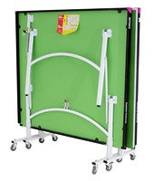 The Butterfly Easifold 19 Rollaway Table Tennis Table, in green, is shown upright on four caster wheels with its legs and support bars visible—ready for storage or transport; perfect for home or school.