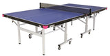 The Butterfly Easifold Deluxe 22 Rollaway Table Tennis Table by Butterfly features a blue 22mm top, sturdy metal legs, wheels for easy movement, and includes a net—fully set up and ready for play.