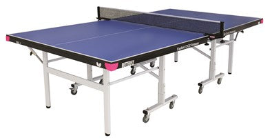 The Butterfly Easifold Deluxe 22 Rollaway Table Tennis Table by Butterfly features a blue 22mm top, sturdy metal legs, wheels for easy movement, and includes a net—fully set up and ready for play.