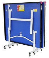 The Butterfly Easifold Deluxe 22 Rollaway Table Tennis Table by Butterfly is upright on four wheels, displaying its 22mm match top, visible white support bars, and attached safety labels underneath.