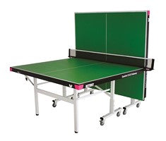 The Butterfly Easifold Deluxe 22 Rollaway Table Tennis Table by Butterfly features a green 22mm match top, white lines, and a net. One half folds for solo play, and white legs with wheels offer easy movement.