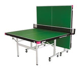 The Butterfly Easifold Deluxe 22 Rollaway Table Tennis Table by Butterfly features a green 22mm match top, white lines, and a net. One half folds for solo play, and white legs with wheels offer easy movement.