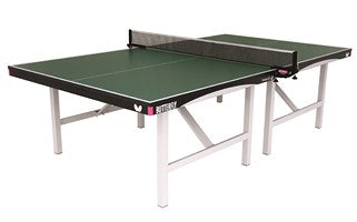 The Butterfly Europa 25 Table Tennis Table by Butterfly is shown with a net in the center and sturdy white metal legs, set against a plain white background.
