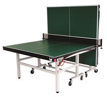 The Butterfly Octet 25 Table Tennis Table by Butterfly features a 25mm green Anti Skid surface, white lines, black net, foldable design for solo play, ITTF approval, and a sturdy white metal frame with wheels for easy movement.