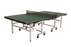 The Butterfly Octet 25 Table Tennis Table by Butterfly features a green 25mm Anti Skid surface, central net, and stands on white metal legs with wheels. ITTF approved, it comes set up and ready for play.