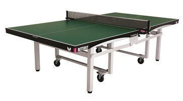 The Butterfly Centrefold 25 Rollaway Table Tennis Table by Butterfly features a green anti-skid surface, white lines, folding metal legs on wheels, and a space saver system, set up and ready for play.