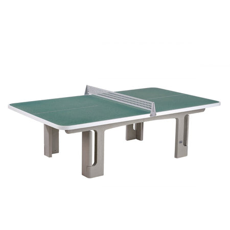 The Butterfly B2000 Standard Concrete Square - Rounded Corners Table by Butterfly features a blue top with white border, sturdy gray polymer concrete legs, and a white net, shown isolated on a white background.