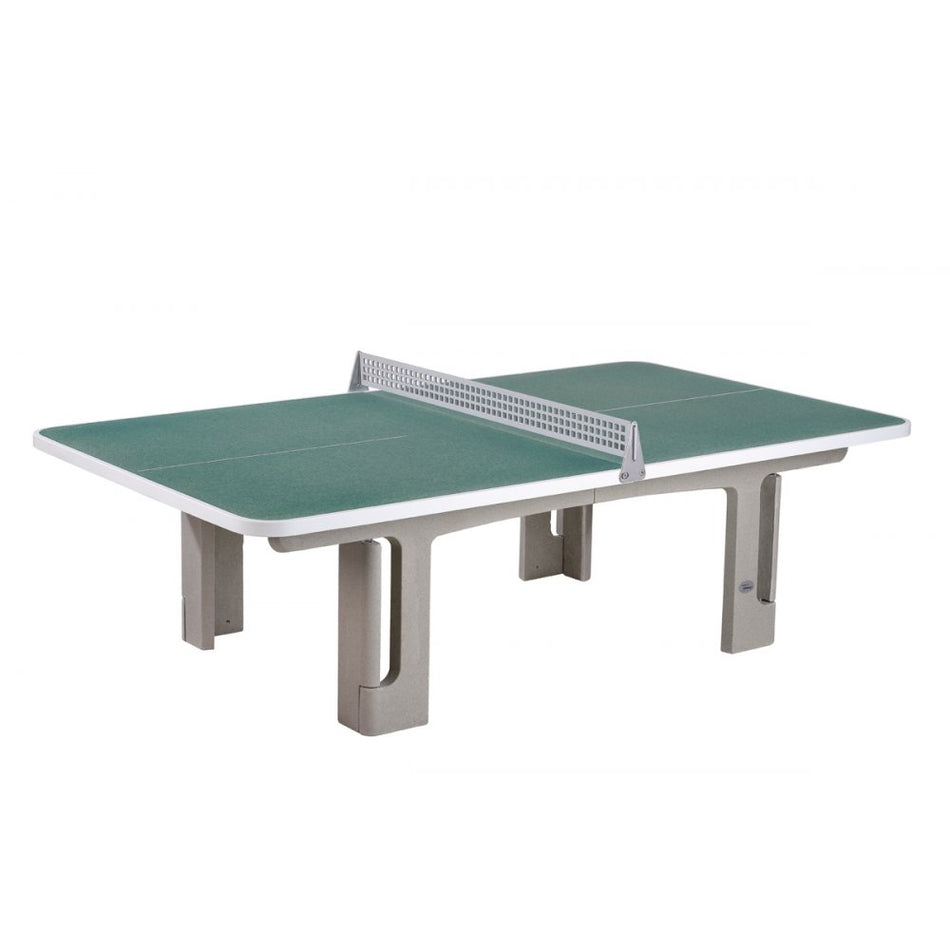 The Butterfly B2000 Standard Concrete Square - Rounded Corners Table by Butterfly features a blue top with white border, sturdy gray polymer concrete legs, and a white net, shown isolated on a white background.