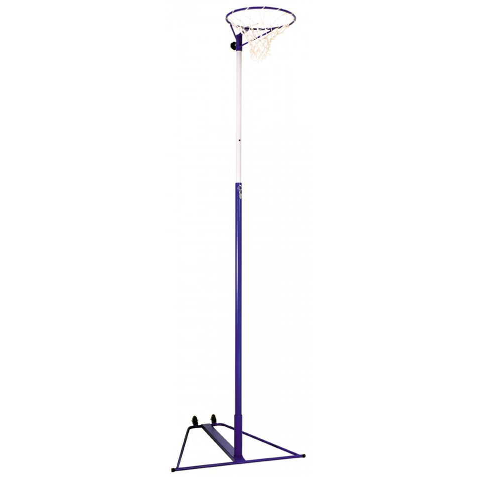 The Sure Shot Telescopic Netball Unit with Wheels by Sure Shot features a height-adjustable blue and white pole, circular hoop with net, and a freestanding triangular base, shown against a plain white background.