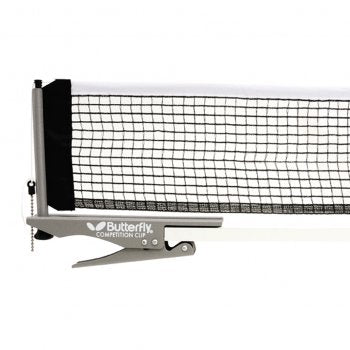 The Butterfly Competition Clip Net & Post Set by Butterfly features a durable net firmly attached to a white table with its secure metal clamp design.
