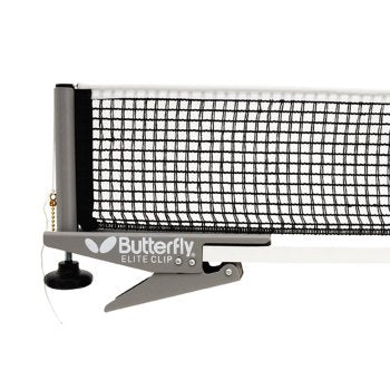 Close-up of the Butterfly Elite Clip Net & Post Set by Butterfly attached to a table, highlighting the sturdy metal clamp and black mesh net—perfect for competitive play.