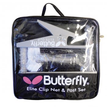 The Butterfly Elite Clip Net & Post Set by Butterfly comes in a clear carrying case, showcasing the net, metal clamps, and the Butterfly logo printed on the case—perfect for table tennis competitions.