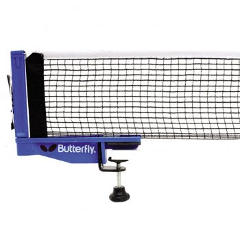 A close-up of the Butterfly Outdoor Net & Post Set, showing a durable black nylon net with a white top border and sturdy plastic posts on a blue Butterfly frame, securely attached to the table edge.