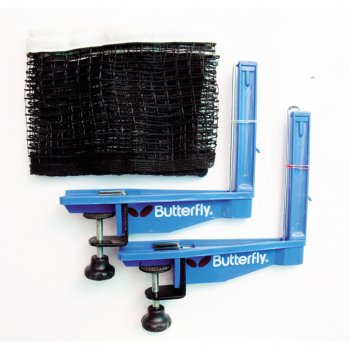 The Butterfly Outdoor Net & Post Set features strong plastic posts, a durable nylon net, and two blue Butterfly clamps for secure table attachment, all shown on a white background.