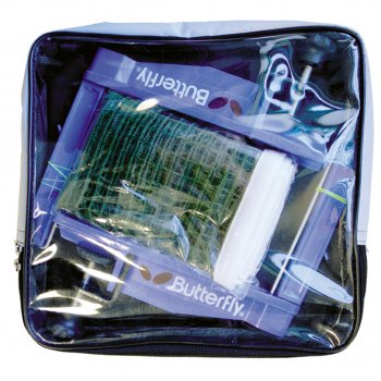 A clear zippered bag displays the Butterfly Outdoor Net & Post Set, featuring a durable nylon net and strong plastic posts, all visible inside the packaging.