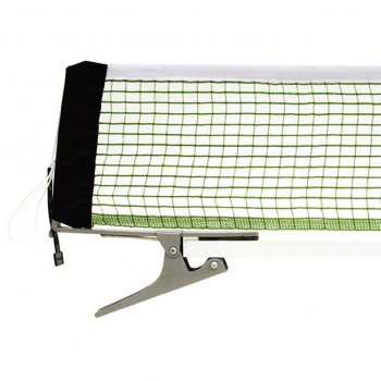 Close-up of the Butterfly Long Life Clip Net and Post by Butterfly, a green and white table tennis net with strong steel clip, rubber protectors, and a black strap and cord on the left, securely attached to the table edge.