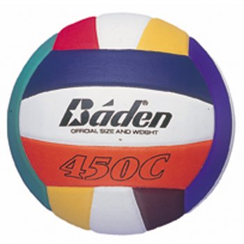 The Baden Sports Lexum Comp Volleyball features a soft composite cover and multicolored panels—white, yellow, orange, red, teal, purple, and black—with the Baden brand name and model 450C displayed on the ball.