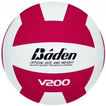 The Baden V200 Rubber Volleyball by Baden Sports features red and white colors, “V200” branding, and “Official Size and Weight” text, offering durable quality similar to a nylon wound basketball.