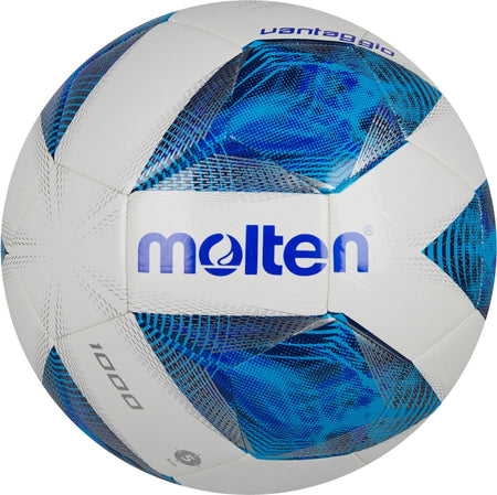 The Molten Vantaggio 1000 Football is a white and blue training ball with geometric patterns, the Molten brand name on the front, and a durable TPU outer for lasting performance.