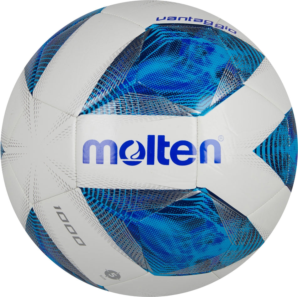 The Molten Vantaggio 1000 Football is a white and blue training ball with geometric patterns, the Molten brand name on the front, and a durable TPU outer for lasting performance.