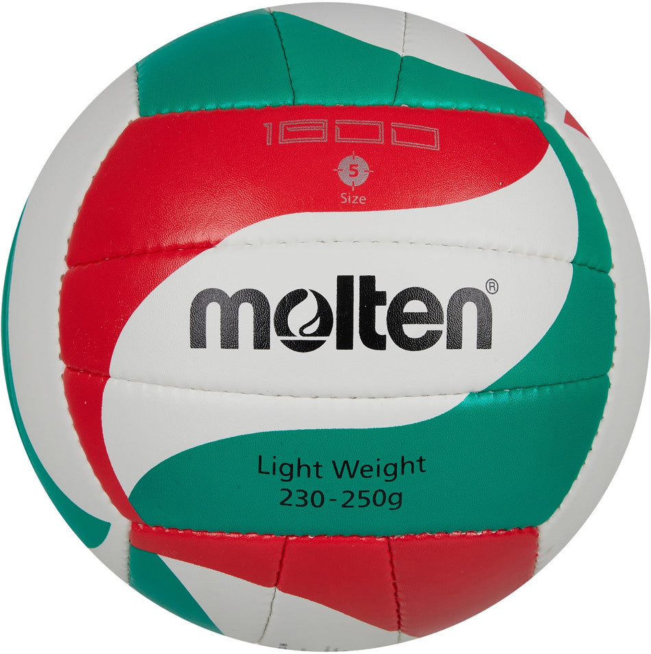 The Molten VSM1800 Synthetic Leather Volleyball features red, green, and white panels, the Molten logo, "Light Weight," and weighs 230-250g—perfect for junior school use or training sessions.