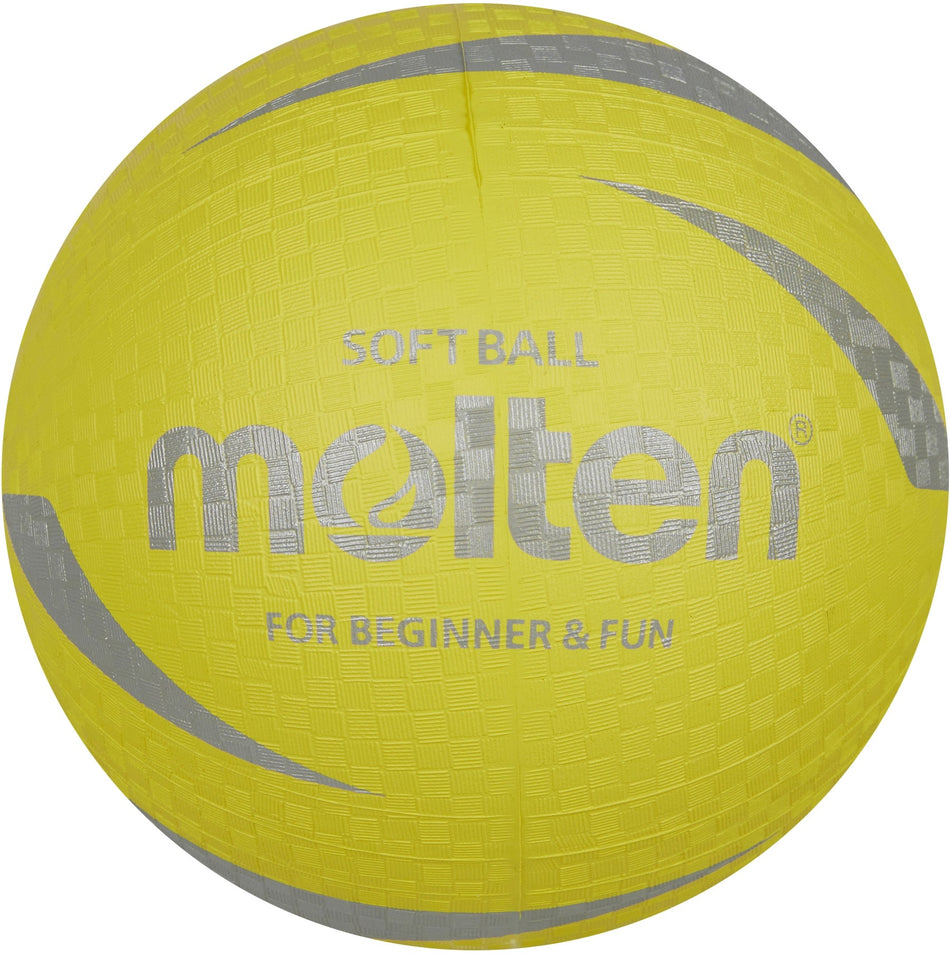 The yellow Molten Multi-Sports Ball features a textured surface, silver-grey accents, and "SOFT BALL molten FOR BEGINNER & FUN" printed in silver on the front.