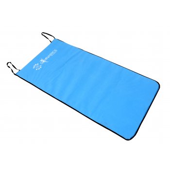 The Sure Shot Aerobic Non Slip 10mm mat is rectangular, blue with black trim, and has two black loops at the top corners. It lies flat on a white background and displays a white Sure Shot logo and text in the top left corner.