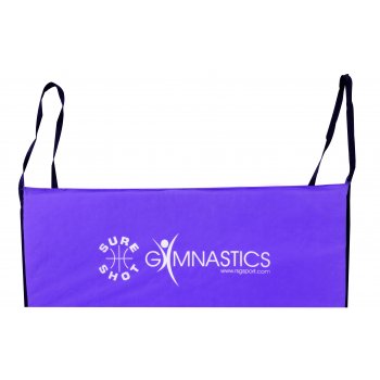 The Sure Shot Aerobic Non Slip 10mm mat pairs perfectly with a purple gymnastics banner featuring black straps, “Sure Shot Gymnastics” text, and a white gymnast—ideal for safer training sessions.