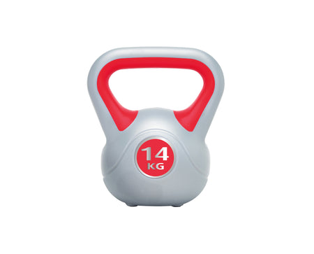 The Urban Fitness Vinyl Kettlebell by Urban Fitness features a gray body, red handle, and a front red label with “14 KG” in white, designed for functional strength and core stability, shown isolated on a white background.