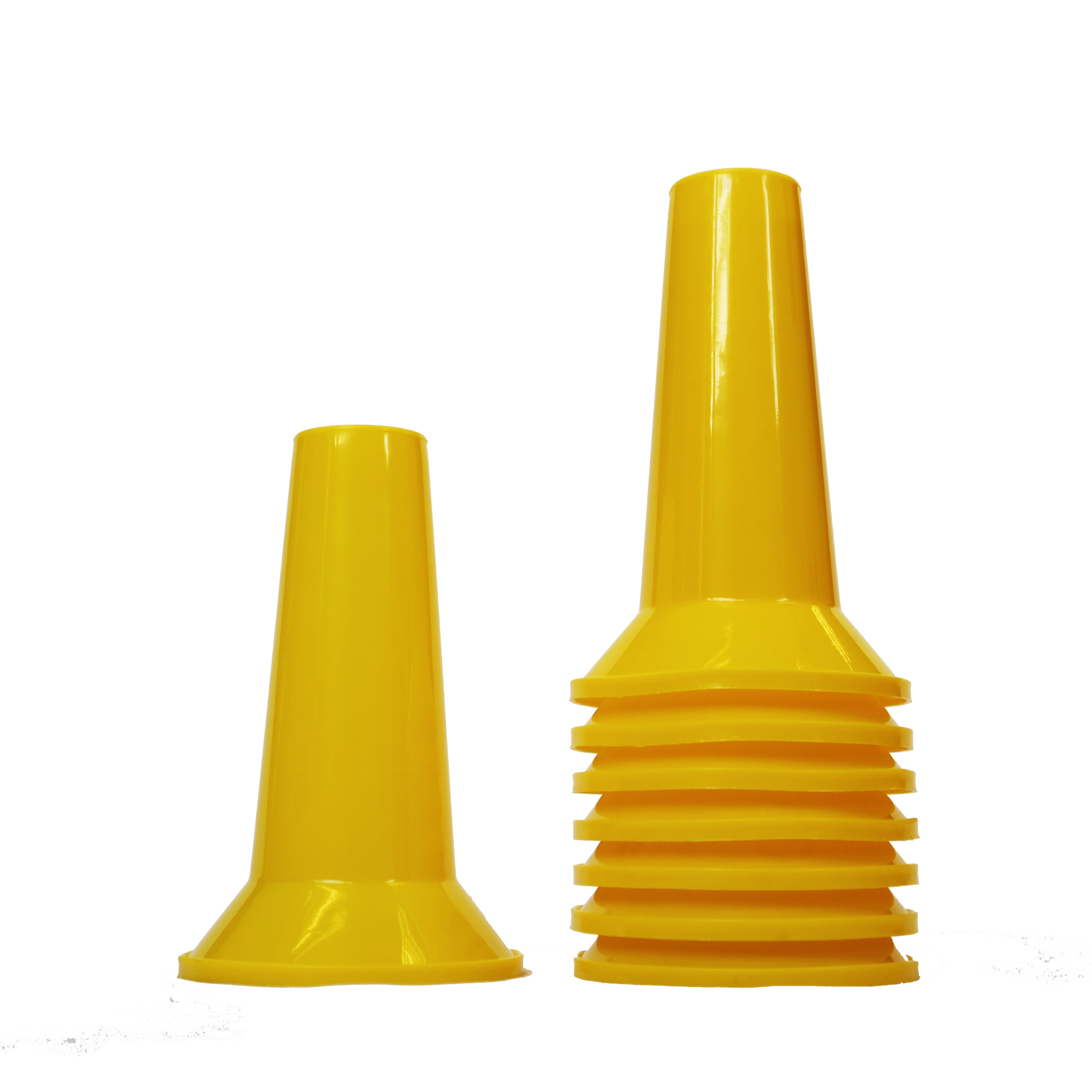 Two yellow plastic Training Cones - Set of 48 by Martin Berrill Sports are shown on a white background, with one cone standing alone and the others stacked—ideal for use as marking cones or coaching equipment.
