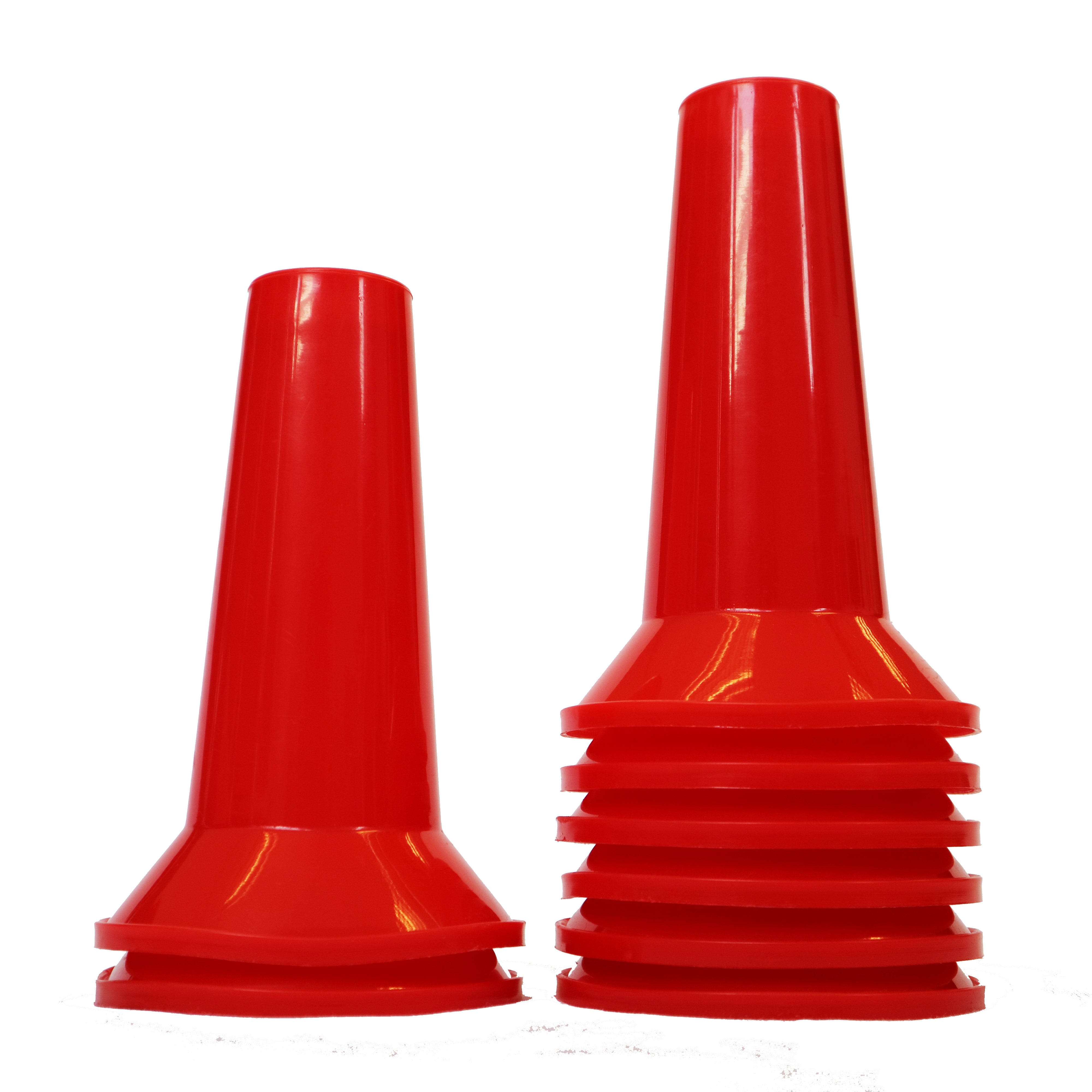 Two Training Cones from the Martin Berrill Sports Set of 48 stand side by side; one taller cone with horizontal ridges at its base and one shorter cone with a smooth base, both in bright red on a white background.