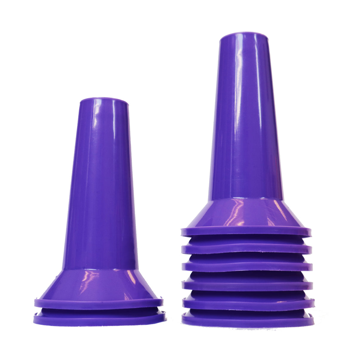 The image shows Martin Berrill Sports Training Cones - Set of 48, with two purple cones—one alone and one stacked with five others—featuring wide bases and narrow tops, perfect for use as versatile coaching equipment markers.